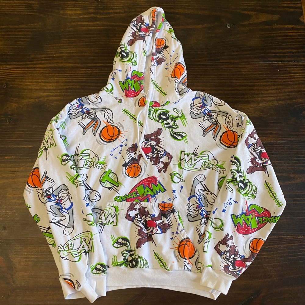 Space Jam Looney Tunes All Over Print Hoodie White Mens Large Bugs Bunny FLAW